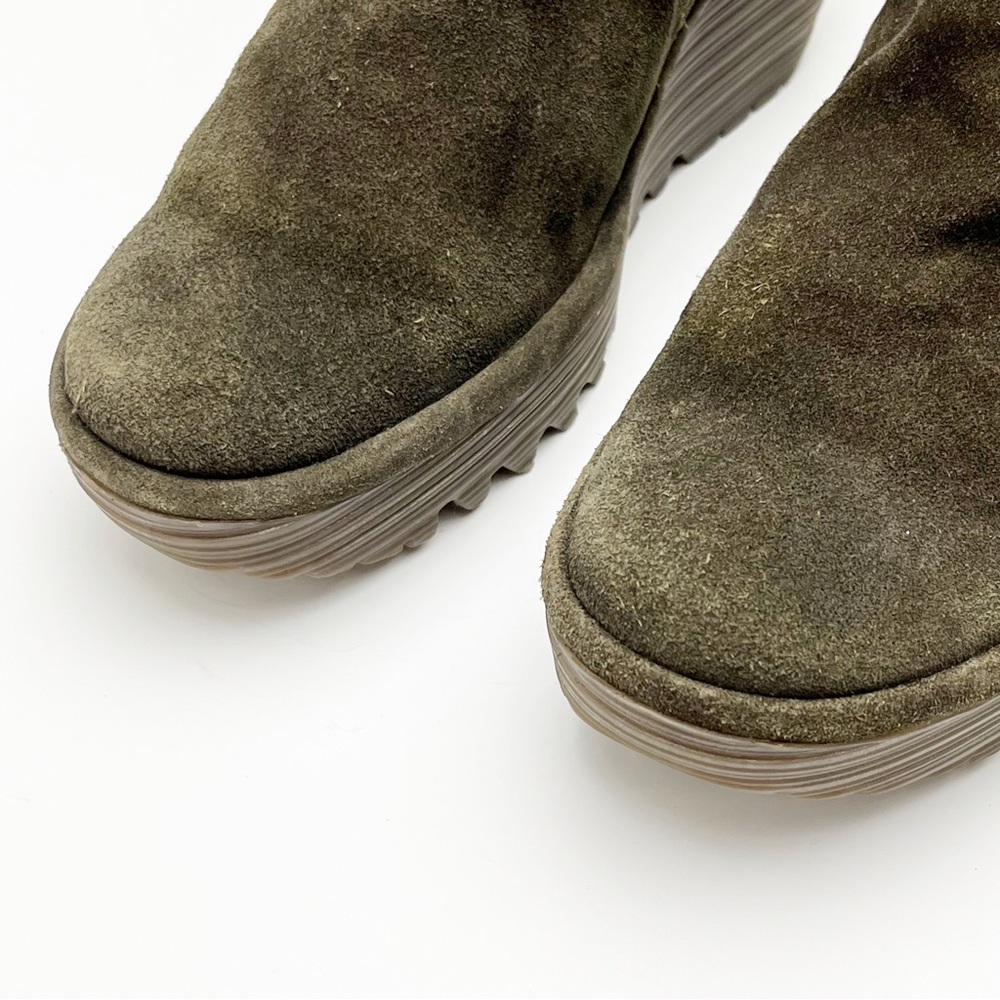 FLY LONDON Yama Olive Green Suede Back Lace Platform Wedge Ankle Booties 5.5/6 - Picture 8 of 11